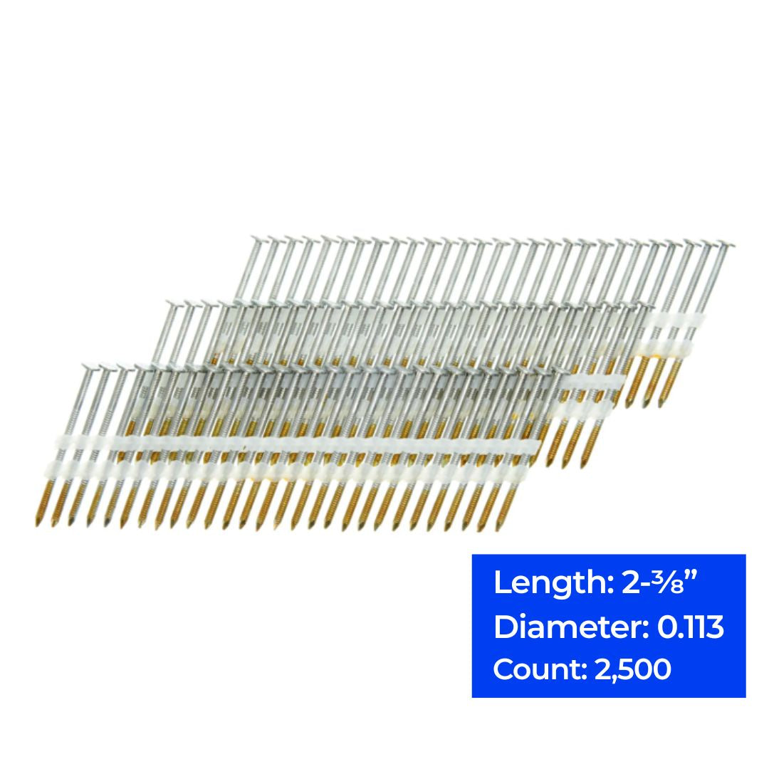 21° Angled Strip Full Round Head Ring Shank Plastic Collated Nails, 2-3/8", 2,500 ct