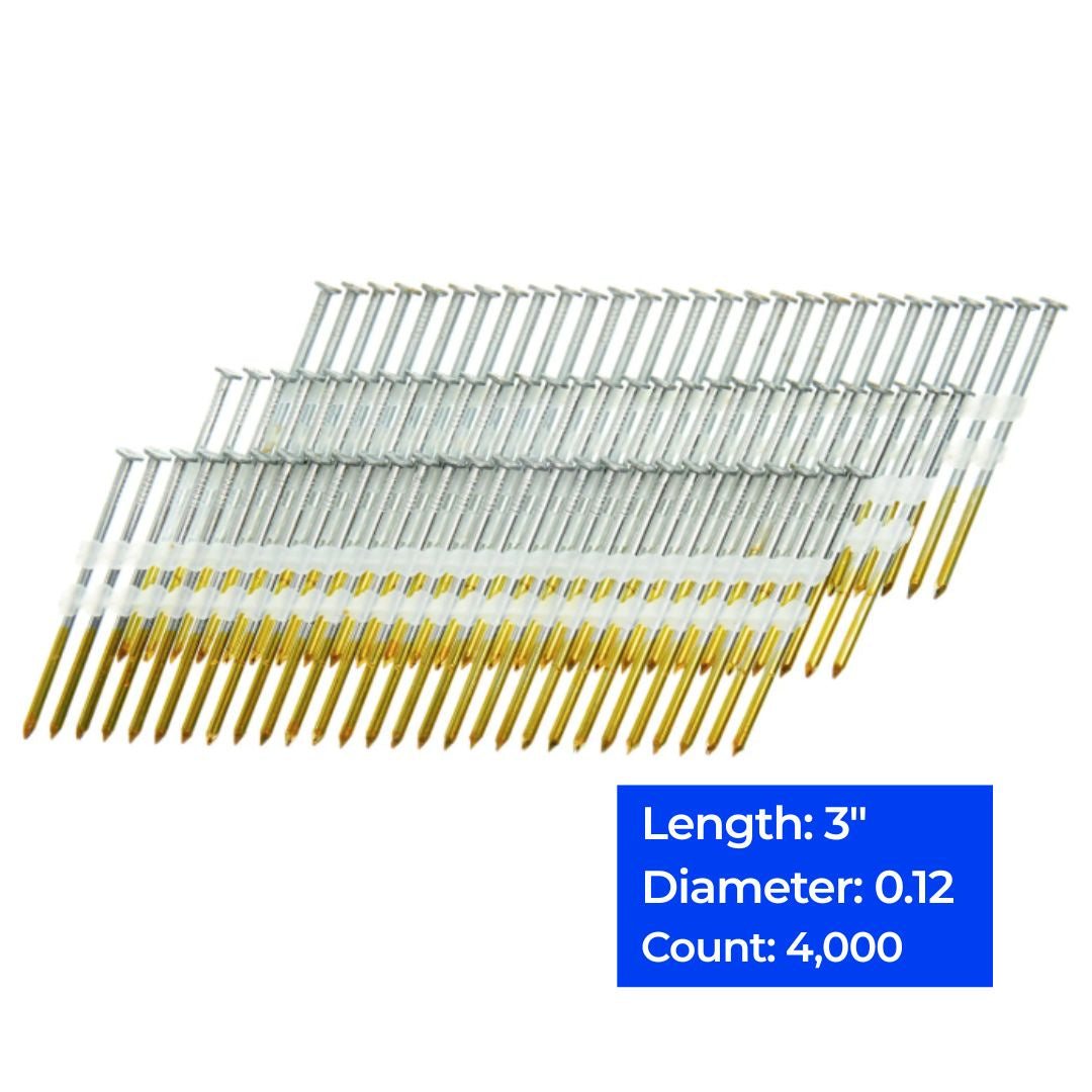 21° Angled Strip Full Round Head Smooth Shank Plastic Collated Nails 3", 4000 ct
