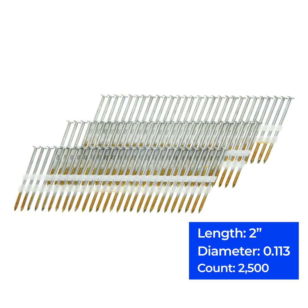 21° Angled Strip Full Round Head Ring Shank Plastic Collated Nails, 2", 2,500 ct