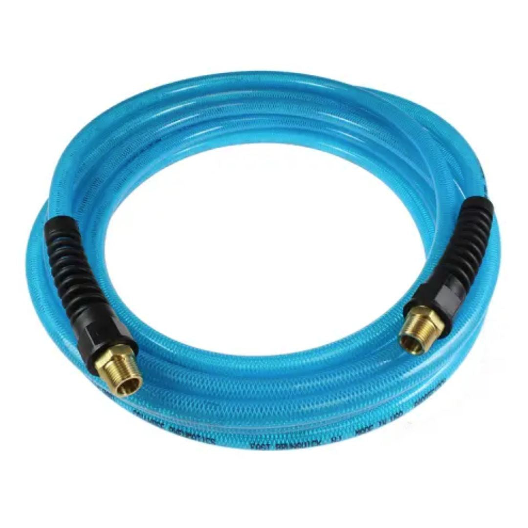 Coilhose Pneumatics Flexeel Hose, 1/4" x 50', 1/4" MPT Reusable Strain Relief Fittings, Transparent Blue PFE40504T
