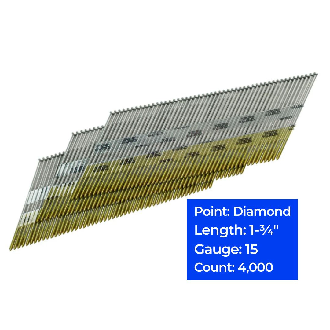 15ga 34° Angled Strip Finish Nails, Galvanized Hardened 1-3/4", 4,000 ct