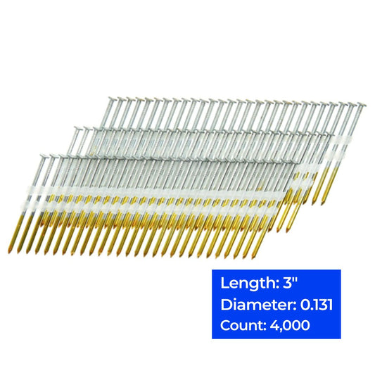 21° Angled Strip Full Round Head Smooth Shank Plastic Collated Nails 3"x 0.131, 4000 ct