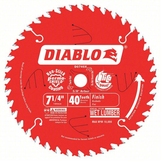 DIABLO Circular Saw Blade: 7 1/4 in Blade Dia., 40 Teeth, 0.06 in Cut Wd, 5/8 in Arbor Size, Combo