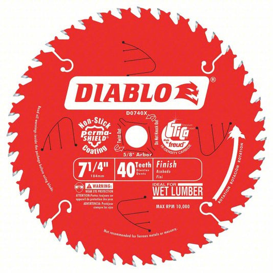 DIABLO Circular Saw Blade: 7 1/4 in Blade Dia., 40 Teeth, 0.06 in Cut Wd, 5/8 in Arbor Size, Combo