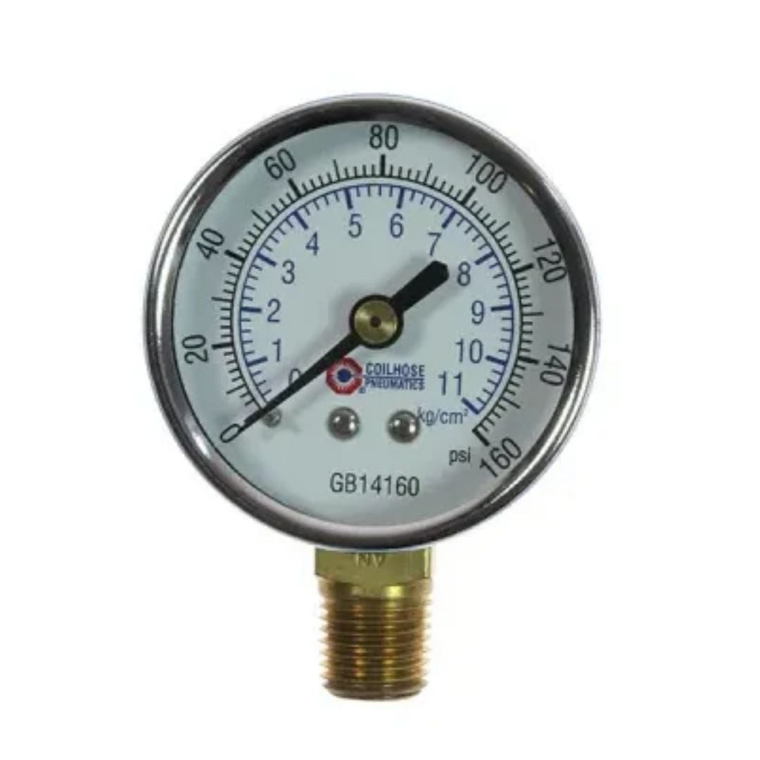 Coilhose Pneumatics 2" Chrome Dial Gauge, 1/4" Bottom Mount, 0-160 psi GB14160