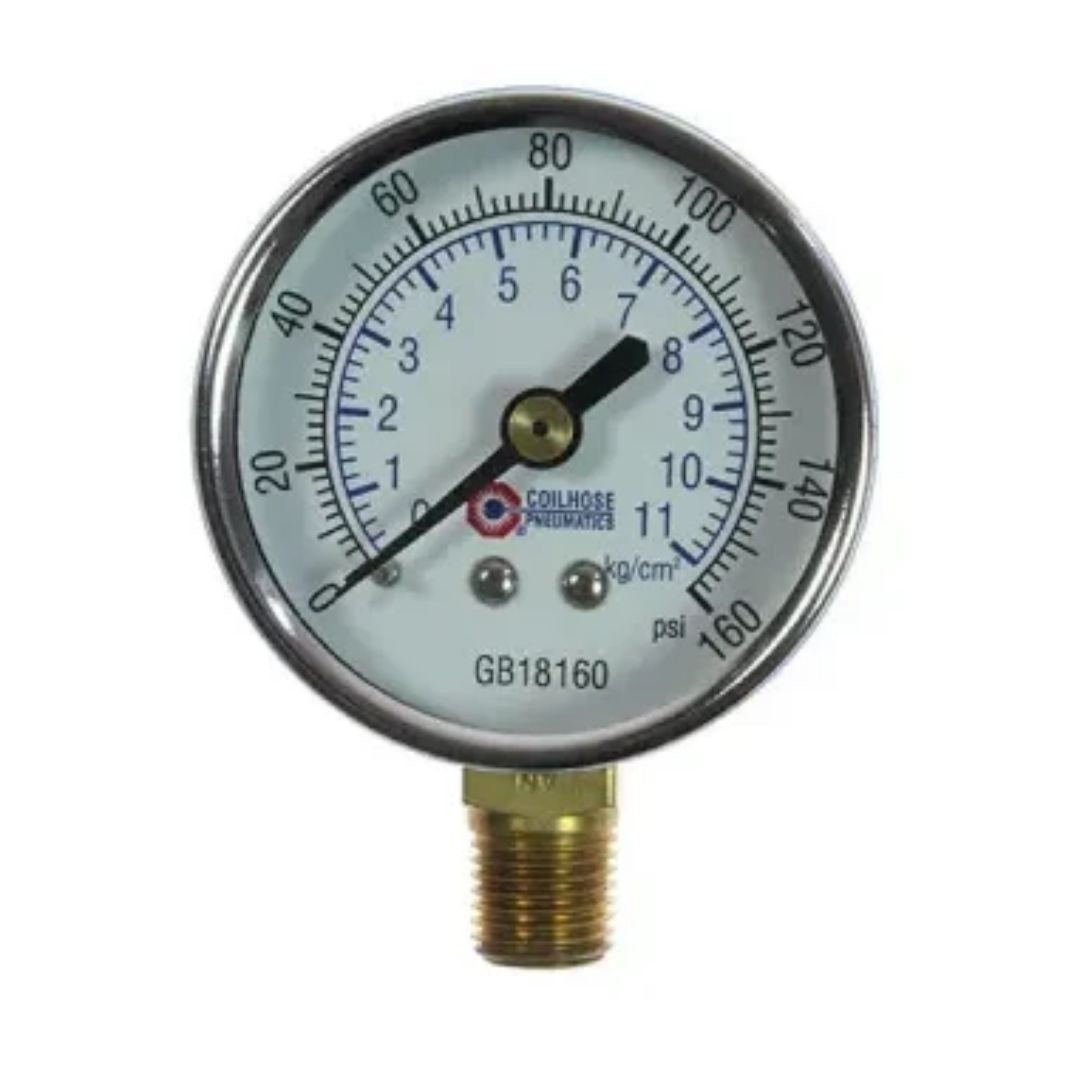 Coilhose Pneumatics 2" Chrome Dial Gauge, 1/8" Bottom Mount, 0-160 psi GB18160