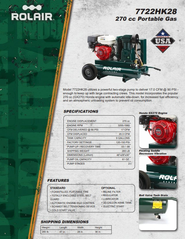 Rolair 9hp 7722HK28 Gas Air Compressor