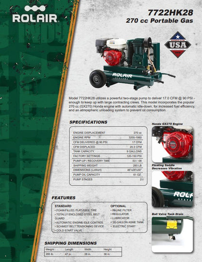 Rolair 9hp 7722HK28 Gas Air Compressor