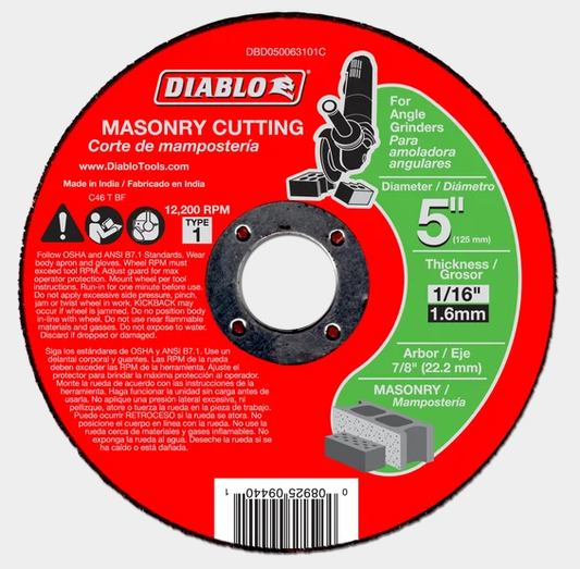 5" x 1/16" x 7/8" Masonry Cut-Off Disc