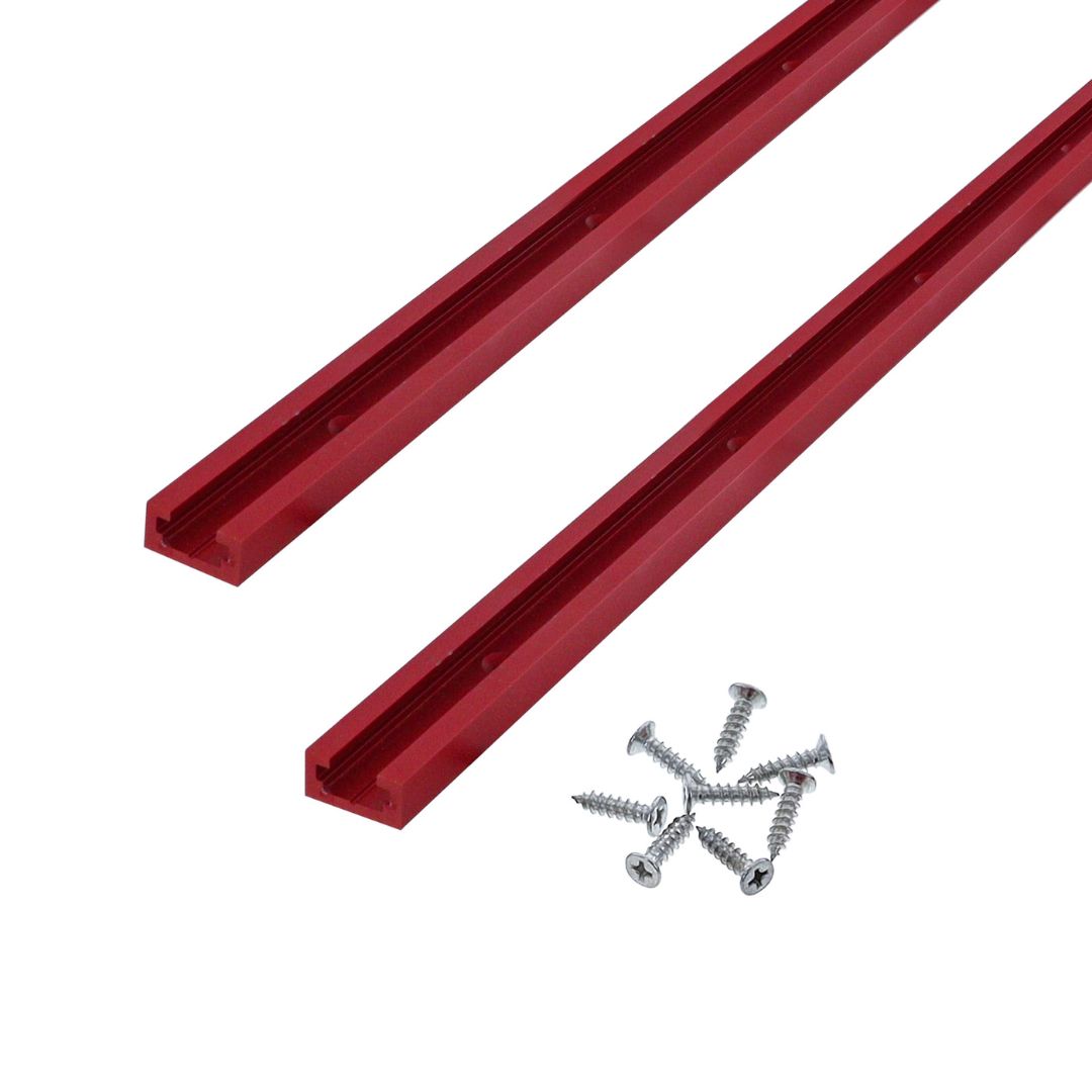 Two red metal brackets with screws on a white background